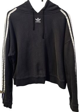 adidas Black Cropped Hoodie with White Three-Stripes